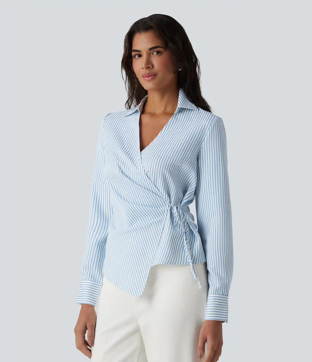Long Sleeve Wrapped Tie Side Stripe Work Shirt