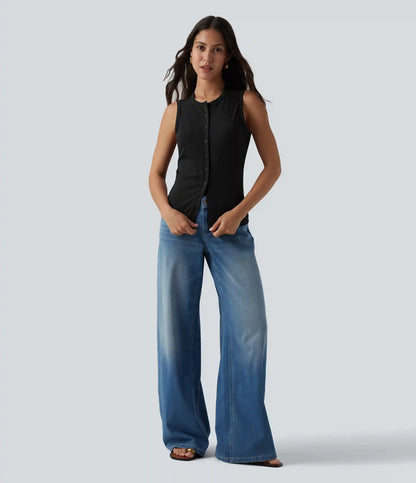 Ribbed Knit Round Neck Casual Tank Top-UPF40+