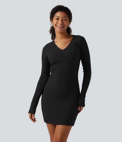 V Neck Long Sleeve Bodycon Mini Casual Dress
