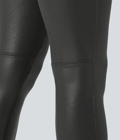 High Waisted Tummy Control Faux Leather Foil Print Stretchy Leggings