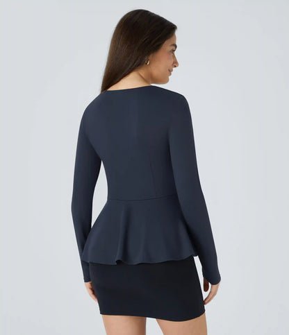 Square Neck Long Sleeve Ruffle Hem Work Top