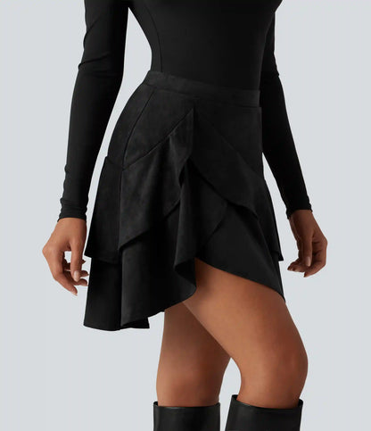 High Waisted Tiered Ruffle Hem 2-in-1 Longer Mini Suede Casual Skirt with Pocket