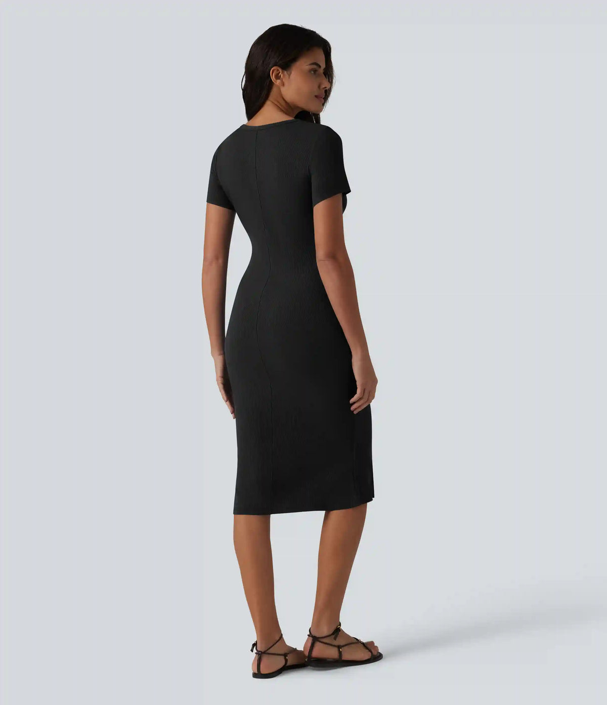 Ribbed Knit Henley Short Sleeve Midi Bodycon Mermaid Casual Dress