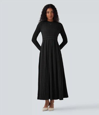 Round Neck Long Sleeve Flare Maxi Casual Dress