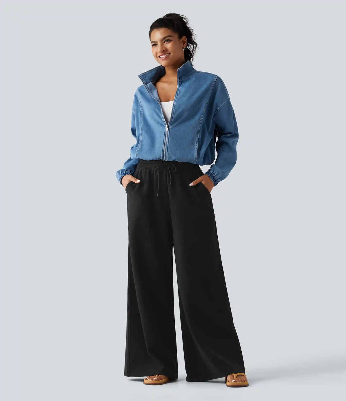 High Waisted Drawstring Wide Leg Fleece Cotton Casual Sweatpants with Pockets