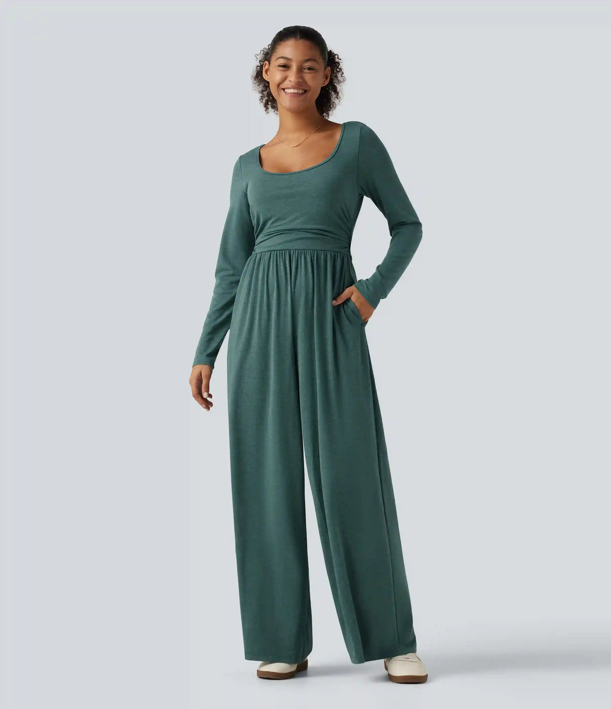 Scoop Neck Long Sleeve Built-in Bra Wide Leg Ruched Casual Jumpsuit with Pockets-Easy Peezy Edition
