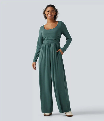 Scoop Neck Long Sleeve Built-in Bra Wide Leg Ruched Casual Jumpsuit with Pockets-Easy Peezy Edition