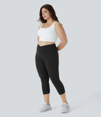 SoftlyZero™ High Waisted Crossover Pocket Capri Yoga Plus Size Leggings