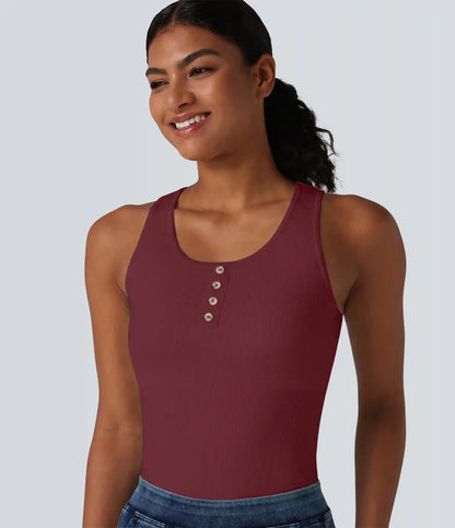 Ribbed Knit Round Neck Built-in Bra Casual Tank Top