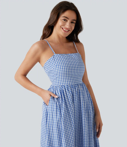 Invisible Zipper Gingham Flowy Maxi Casual Slip Dress with Pockets