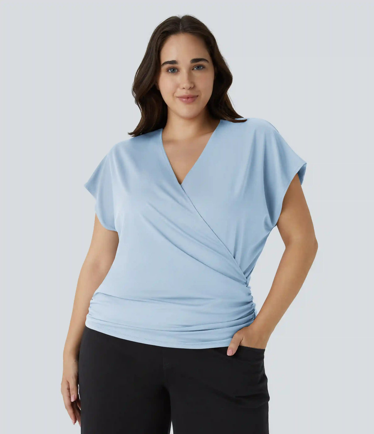 V Neck Cap Sleeve Crossover Ruched Solid Work Plus Size Blouse