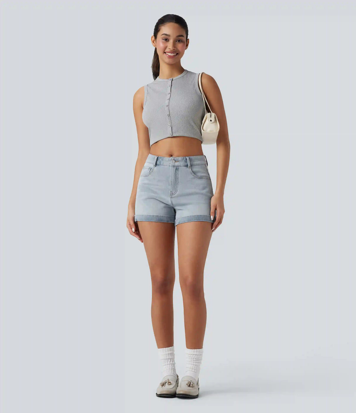Halara Flex™ Mid Rise Zipper Pockets Denim Casual Shorts 3''