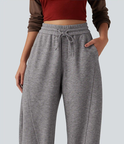 High Waisted Drawstring Barrel Leg Casual Pants with Pockets