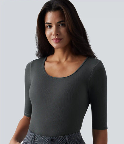 Ribbed Knit Scoop Neck Half Sleeve Work Wool-Blend Top