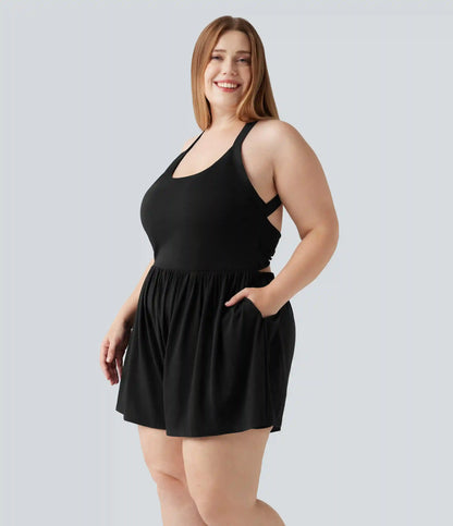 Plus Size Padded 2-in-1 Romper with Pockets-Easy Peezy Edition