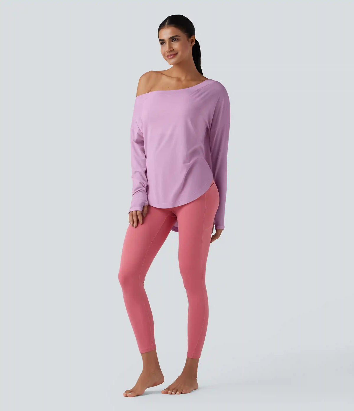 One Shoulder Long Sleeve Thumb Hole Curved Hem High Low Quick Dry Yoga Sports Top-Built-in Bra