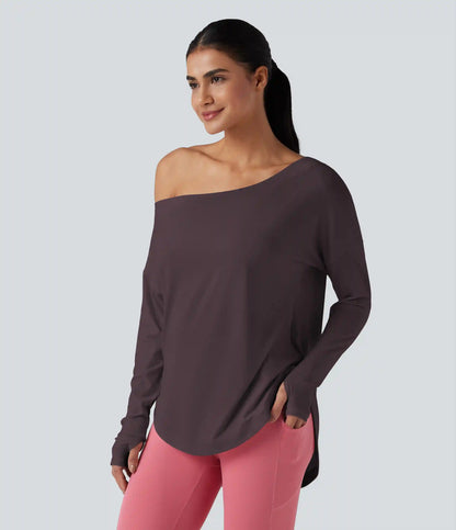 One Shoulder Long Sleeve Thumb Hole Curved Hem High Low Quick Dry Yoga Sports Top-Built-in Bra