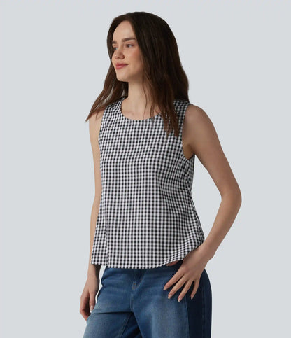 Round Neck Crinkle Gingham Casual Tank Top with Pockets