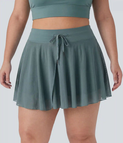Plus Size High Waisted Drawstring Contrast Mesh 2-in-1 Flowy Mini Flare Casual Skirt with Pockets-Longer Length
