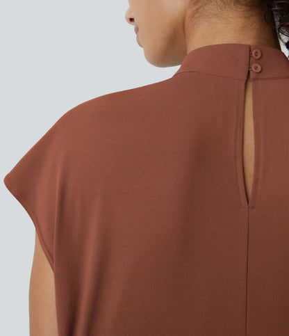 Stand Collar Back Cap Sleeve Work Blouse