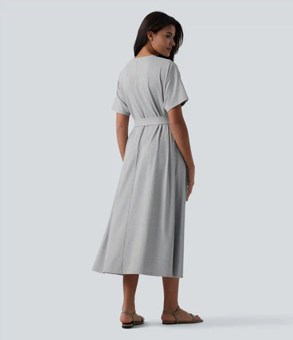 Round Neck Short Sleeve Belted Midi Flowy Casual T-Shirt Dress with Pockets