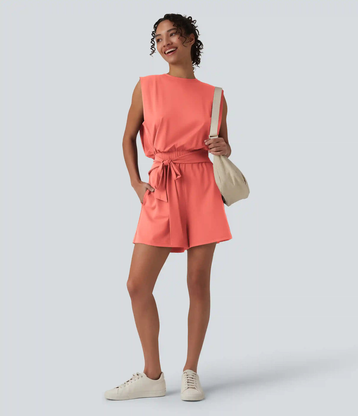 Round Neck Sleeveless Tie-front Cool Touch Casual Romper with Pockets-Easy Peezy-UPF50+