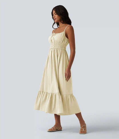 Tie Front Flowy Midi Casual Linen-Feel Slip Milkmaid Dress