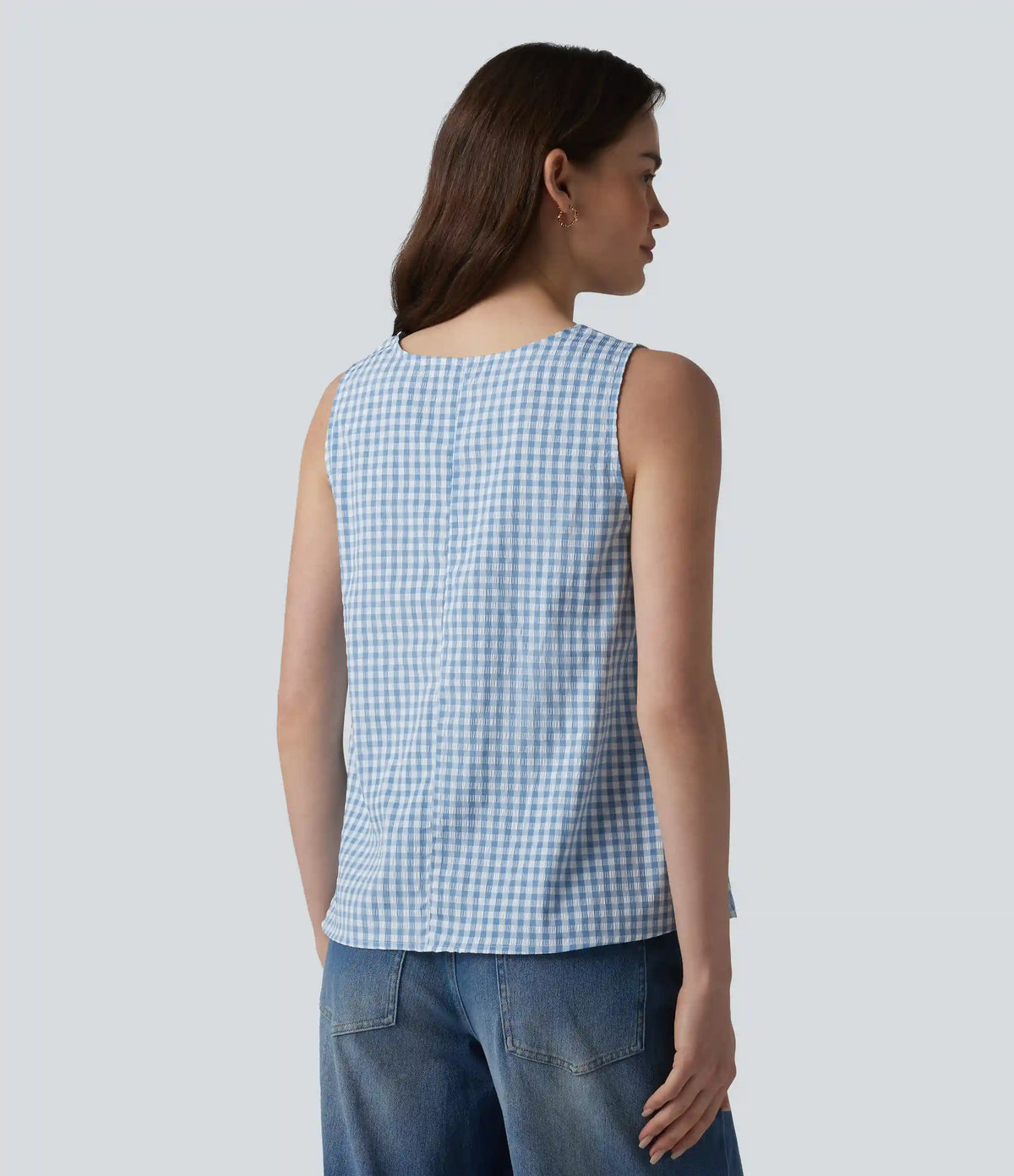 Round Neck Crinkle Gingham Casual Tank Top with Pockets