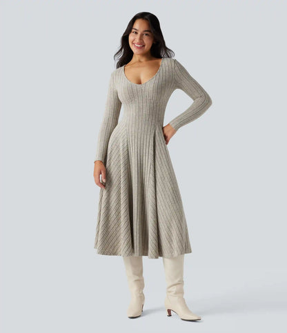 Ribbed Knit V Neck Long Sleeve Flare Midi Casual Dress