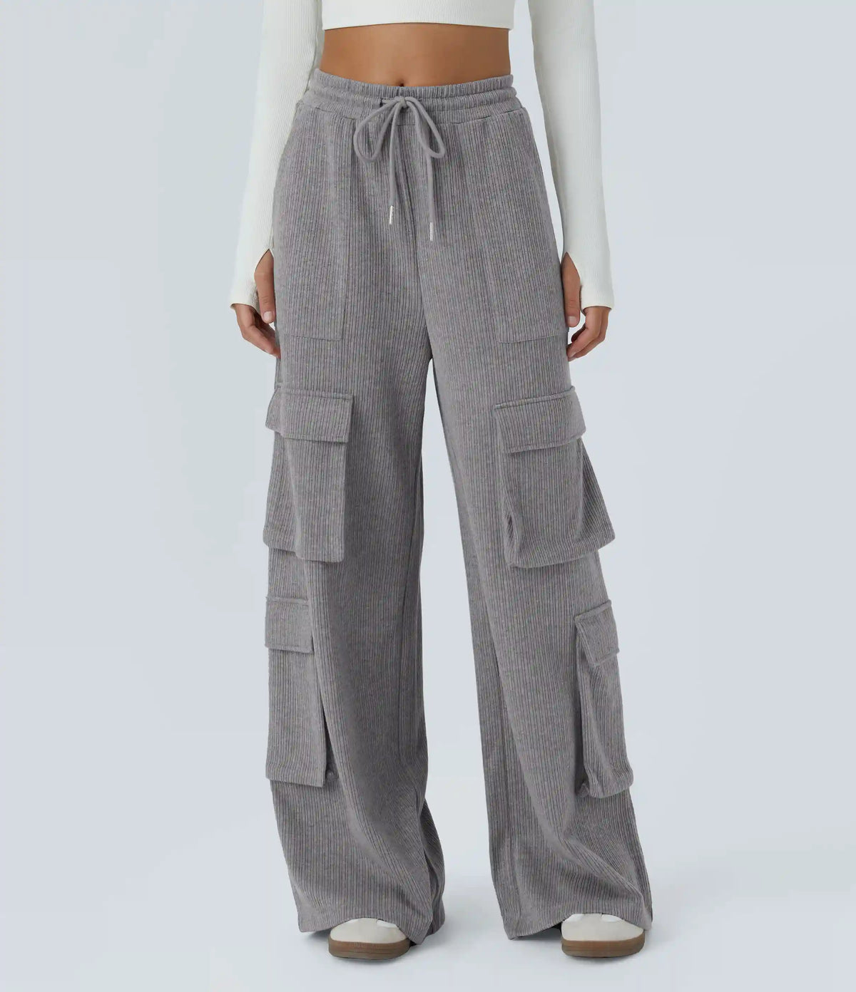 Ribbed Mid Rise Drawstring Pockets Wide Leg Cargo Casual Pants