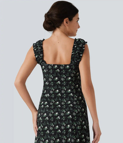 U-Neck Sleeveless Frill Ditsy Floral Built-in Bra Mini A-Line Resort Dress