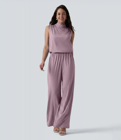 Stand Collar Sleeveless Straight Leg Bridesmaid And Wedding Guest Jumpsuit with Pockets-Easy Peezy