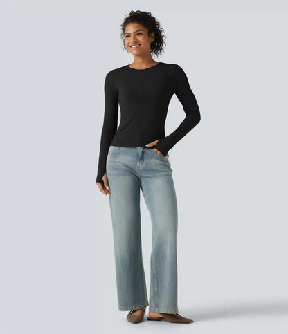 Ribbed Knit Round Neck Long Sleeve Thumb Holes Cut-out Casual T-Shirt