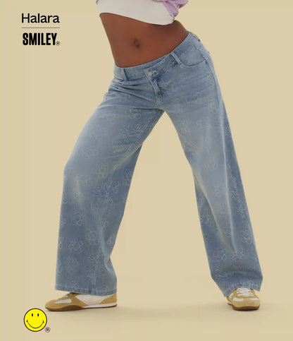 Halara X Smiley® Halara Flex™ Asymmetric Low Rise Baggy Wide Leg Washed Casual Jeans with Pockets