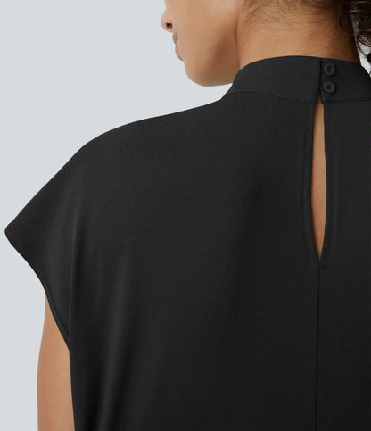 Stand Collar Back Cap Sleeve Work Blouse