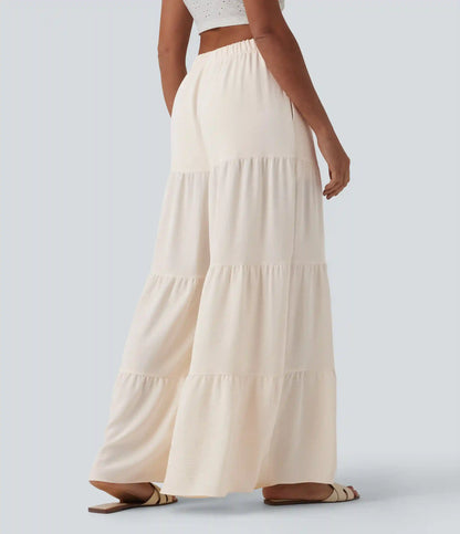 High Waisted Wide Leg Flowy Linen-Feel Pants with Pockets