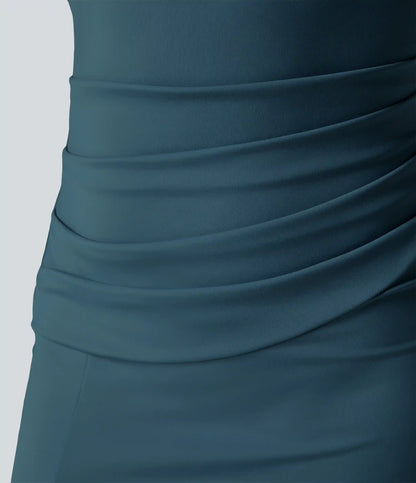 SoftlyZero™ Airy Square Neck Backless Corset Ruched Split Bodycon Midi InstantCool Bridesmaid and Wedding Guest Dress