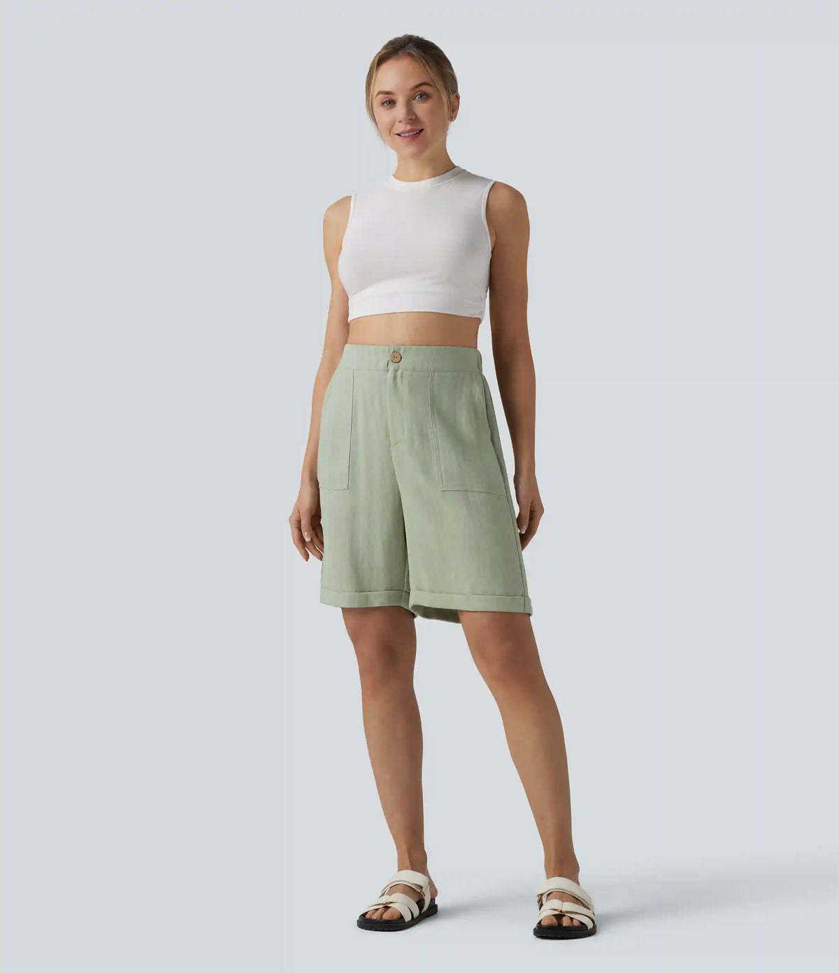 High Waisted Rolled Hem Linen-Feel Casual Bermuda Shorts with Pockets