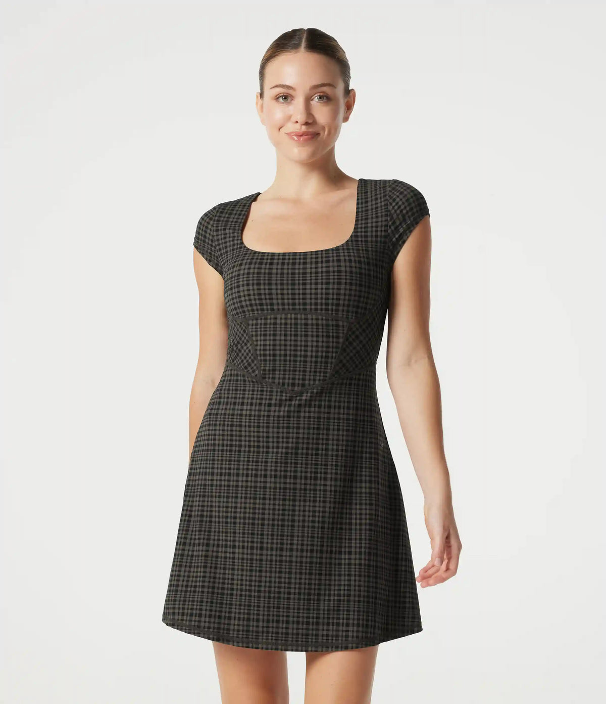 Halara UltraSculpt™ Check Plaid Print Square Neck Corset 2-in-1 Built-in Bra Mini Casual Dress with Pockets-Easy Peezy