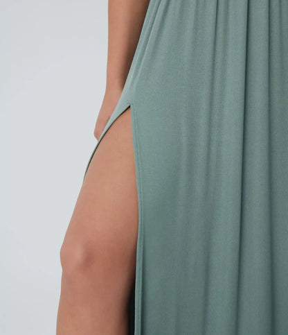 Ribbed Round Neck Racerback Flowy Maxi Casual Dress