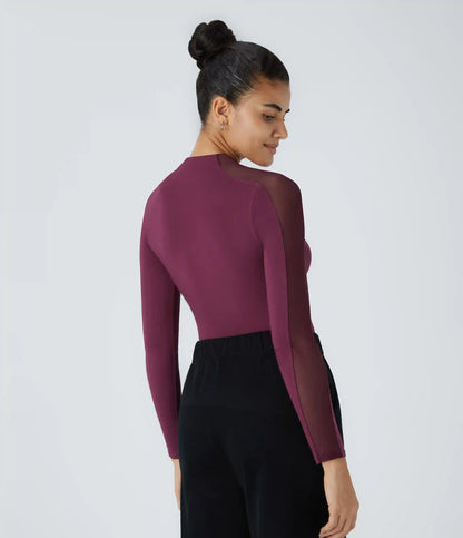 Stand Collar Raglan Long Sleeve Contrast Mesh Skinny Work Top