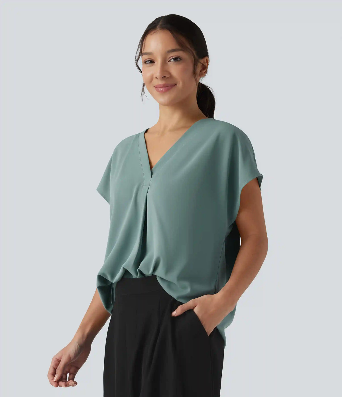 Wrinkle Recovery V-neck Short Sleeve Oversized Work Blouse