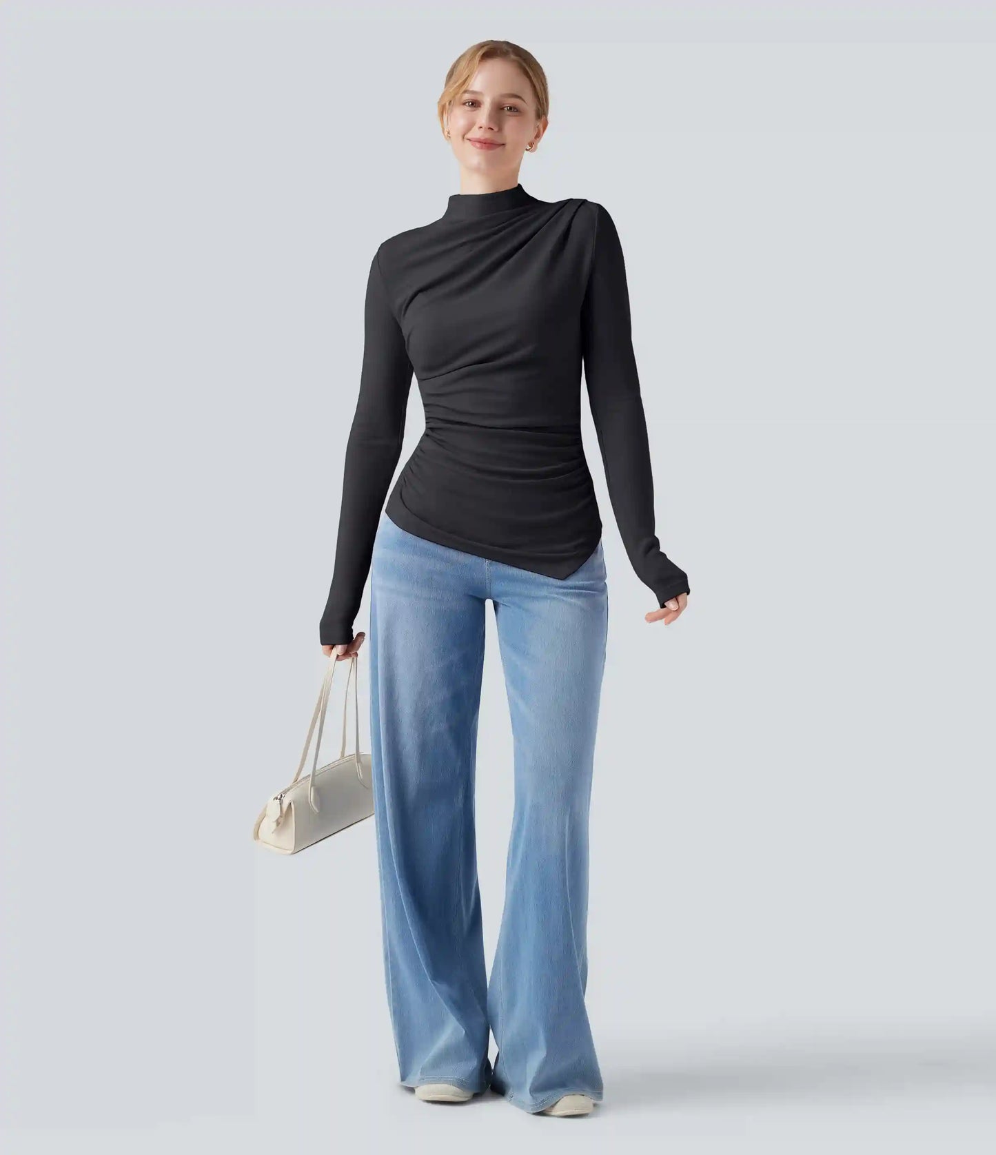 Mock-neck Long Sleeve Ruched Asymmetric Hem Thermal Casual Top