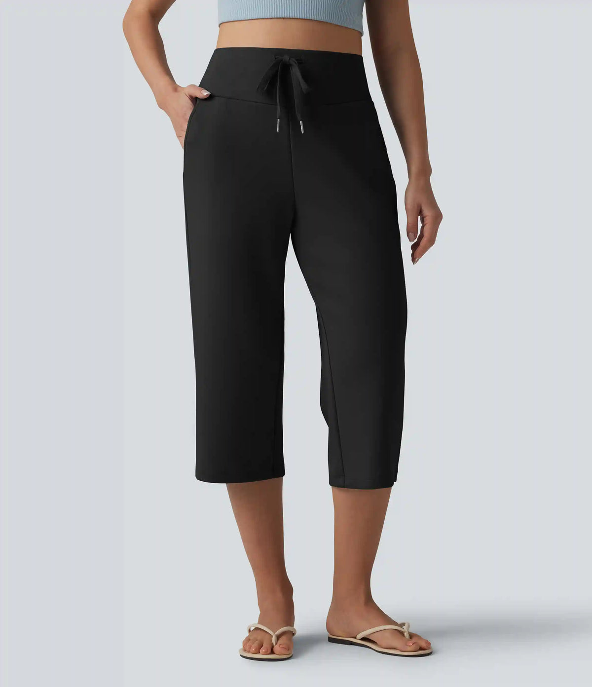 High Waisted Drawstring Straight Leg Capri Casual Pants with Pockets