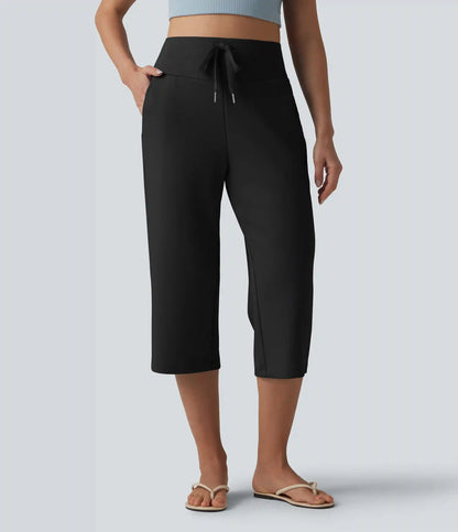 High Waisted Drawstring Straight Leg Capri Casual Pants with Pockets