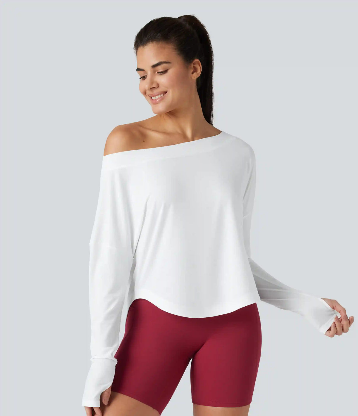 One Shoulder Long Sleeve Thumb Hole Curved Hem High Low Quick Dry Yoga Sports Top