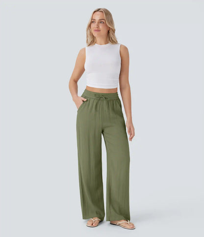 High Waisted Drawstring Pocket Wide Leg Baggy Casual Linen-Feel Pants