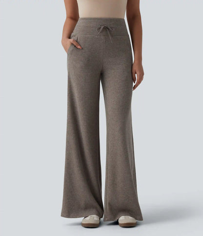 Ribbed Knit High Waisted Drawstring Tummy Control Casual Bootcut Pants with Pockets