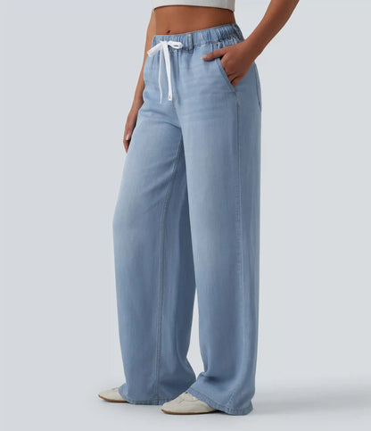 Mid Rise Drawstring Casual Jeans with Pockets