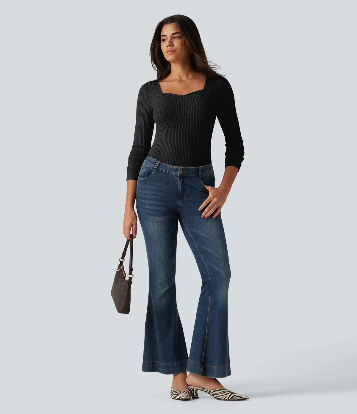 Ribbed Knit Square Neck Long Sleeve Casual Top